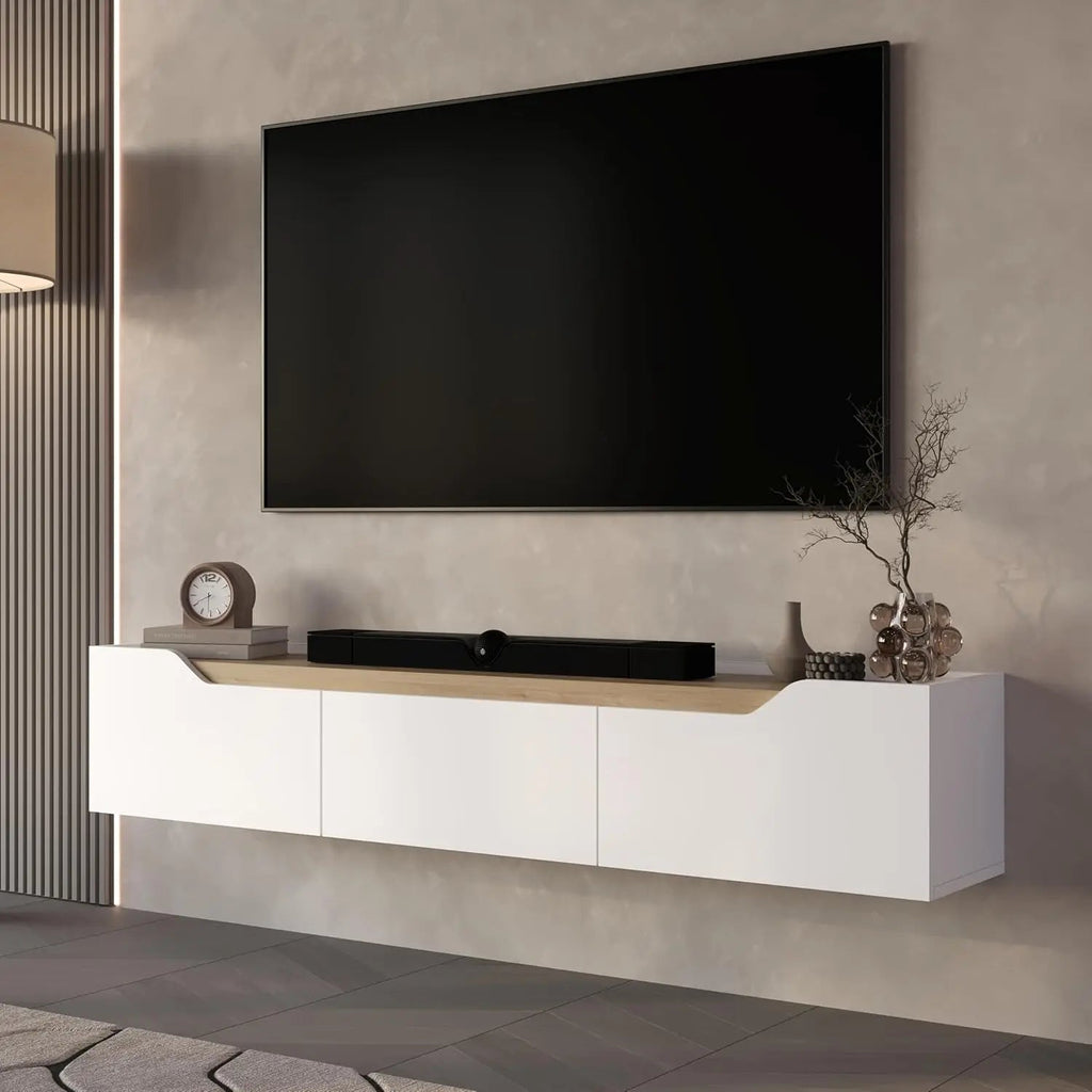 Modern Floating TV Stand 75 Inch Wall Mounted Entertainment Center Cable Management Living Room White Oak, Customized Ds. Store