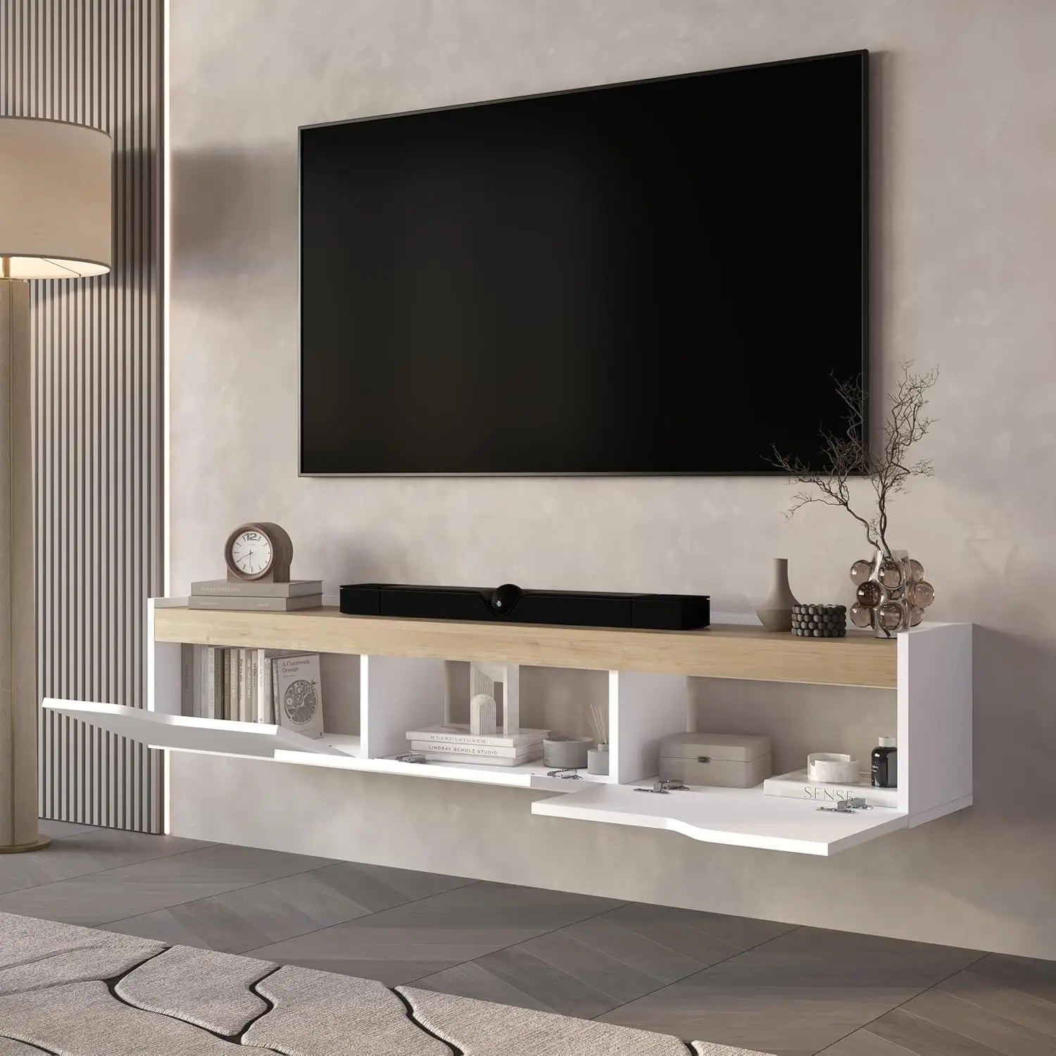 Modern Floating TV Stand 75 Inch Wall Mounted Entertainment Center Cable Management Living Room White Oak, Customized Ds. Store