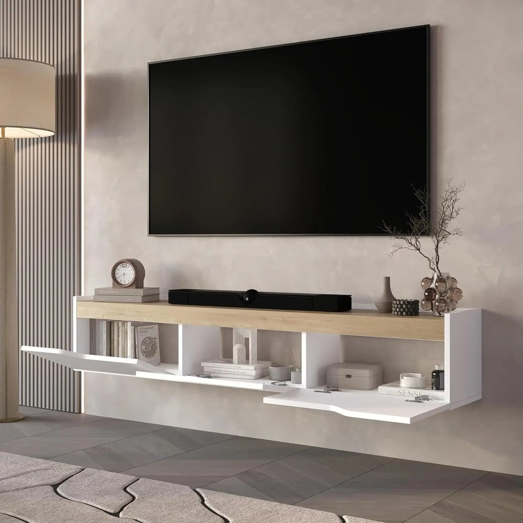 Modern Floating TV Stand 75 Inch Wall Mounted Entertainment Center Cable Management Living Room White Oak, Customized Ds. Store