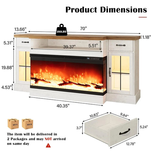 70" Fireplace TV Stand for 80" TV, Adjustable Shelves, Glass Fireplace, 2 Drawers, 12 LED Colors,, Customized Ds. Store