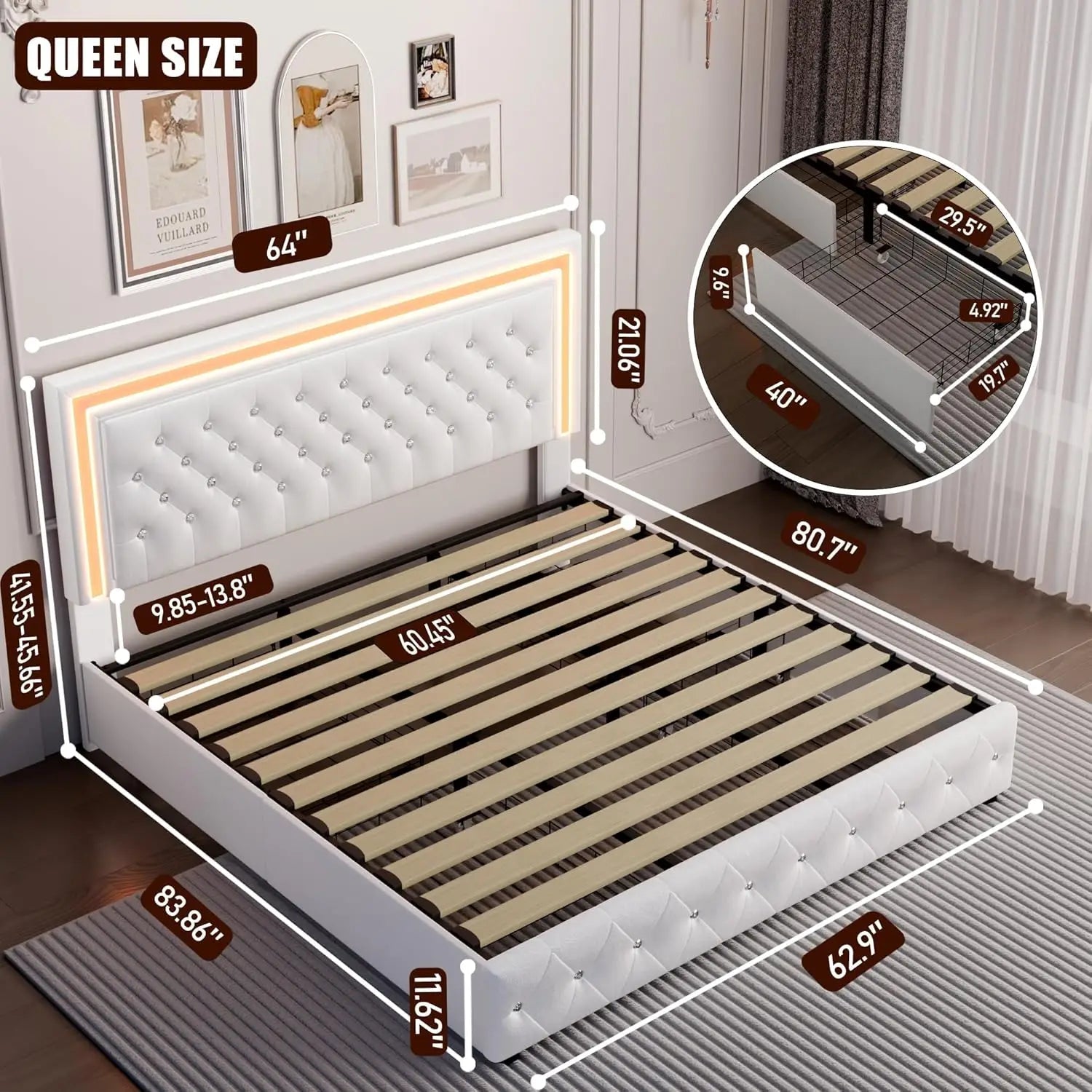 GEGOFORU Queen LED Platform Bed Frame with 4 Storage, PU Leather, No Box Spring, Easy Assembly, 900lbs Capacity Ds. Store