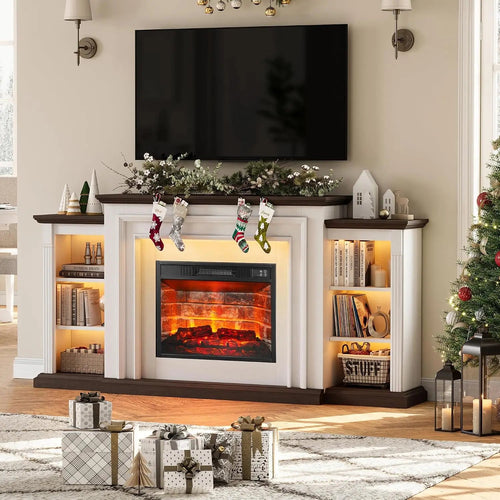 72" LED Lights Electric Fireplace with Mantel, Fireplace TV Stand for 80 Inch TV, Entertainment Center with Red, Customized Ds. Store