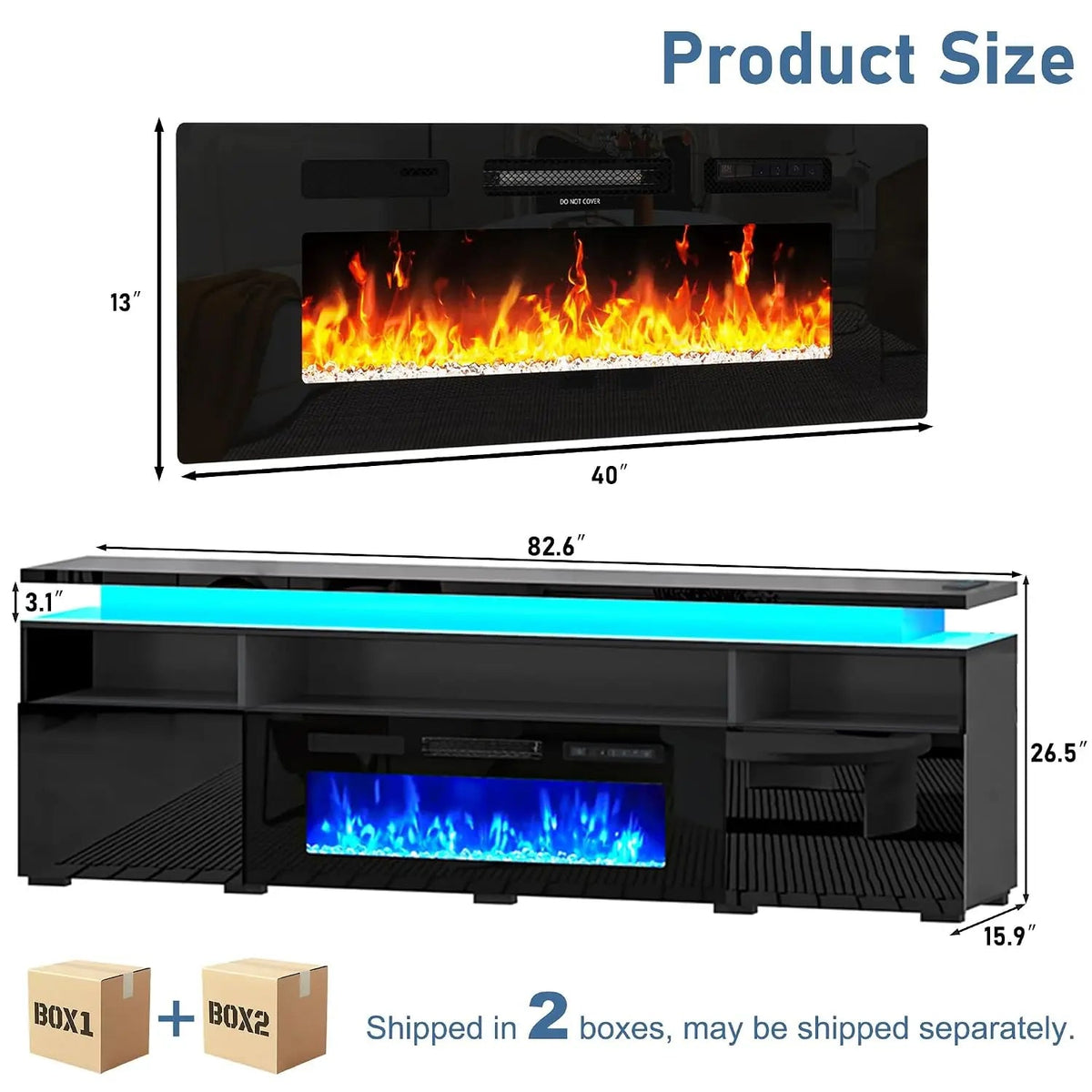 82.6" Fireplace TV Stand w/40 Electric Fireplace for 95in TV, High Gloss Entertainment Center, Media Console w/Charging Station Ds. Store