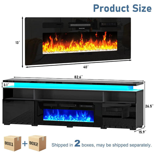 82.6" Fireplace TV Stand w/40 Electric Fireplace for 95in TV, High Gloss Entertainment Center, Media Console w/Charging Station Ds. Store