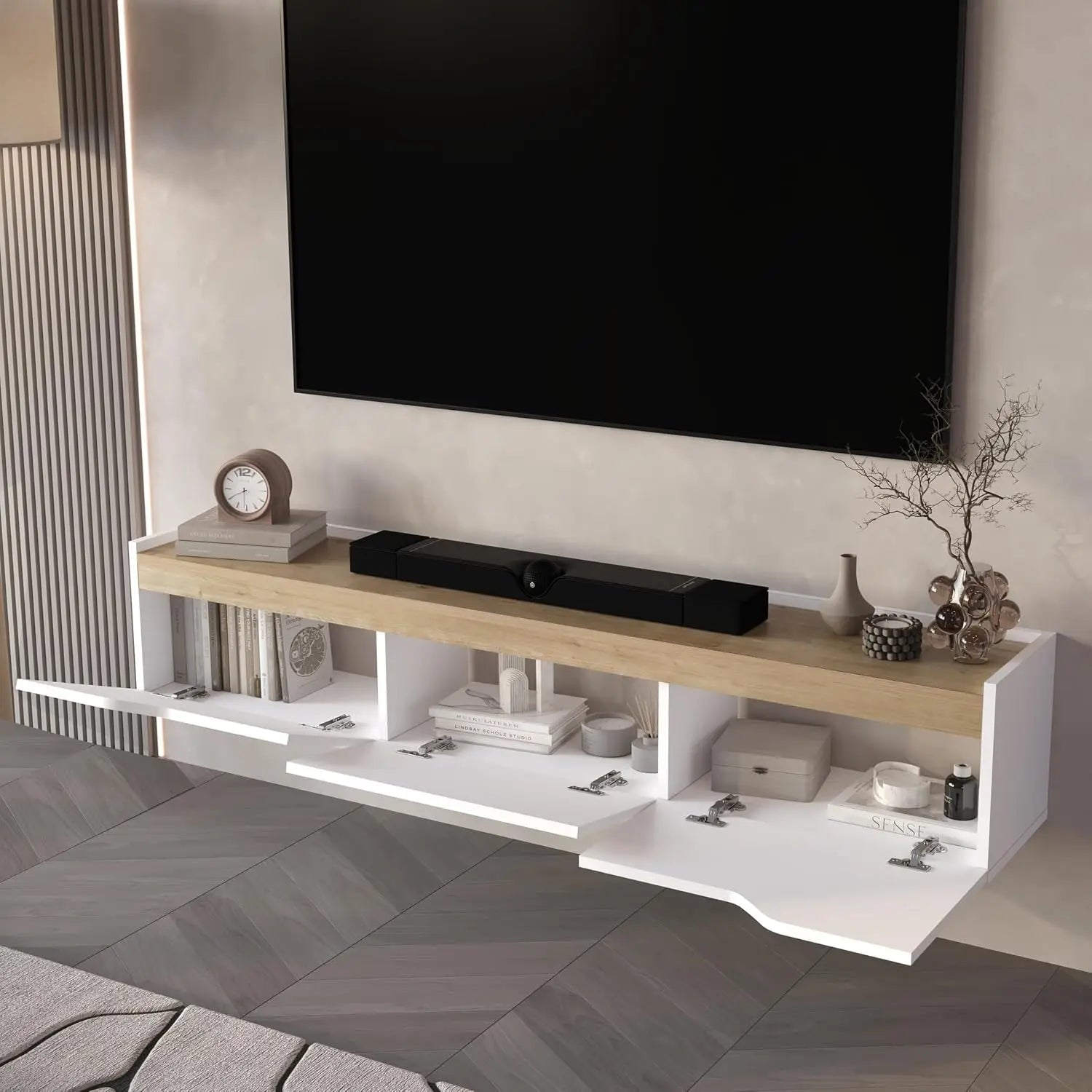 Modern Floating TV Stand 75 Inch Wall Mounted Entertainment Center Cable Management Living Room White Oak, Customized Ds. Store