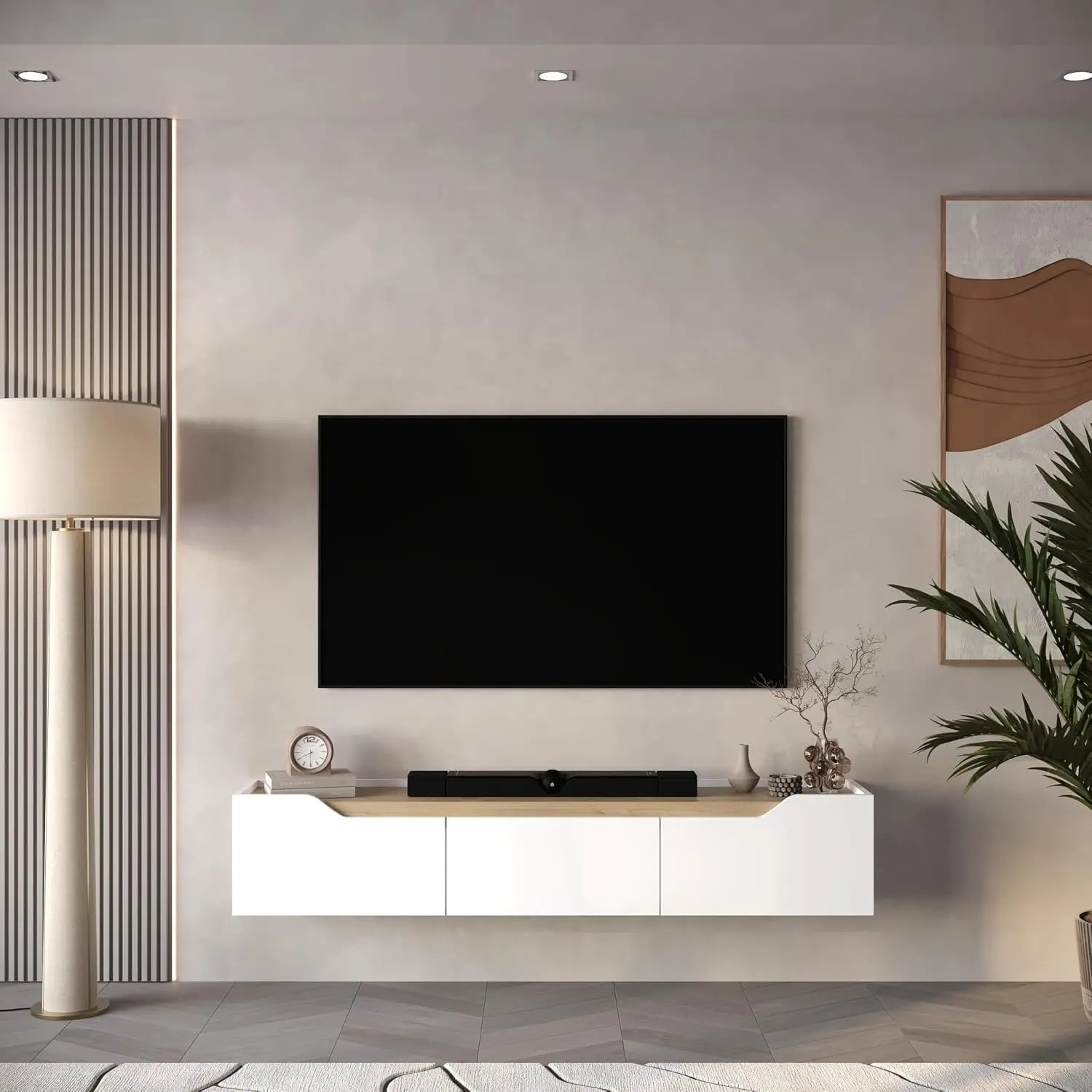 Modern Floating TV Stand 75 Inch Wall Mounted Entertainment Center Cable Management Living Room White Oak, Customized Ds. Store