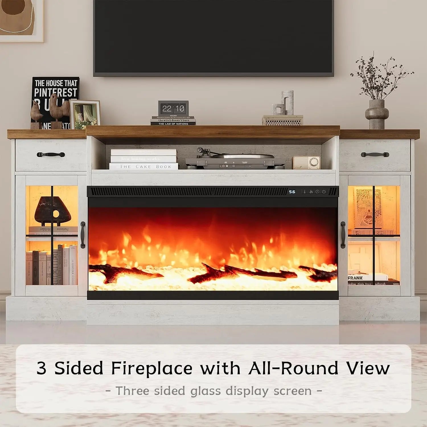 70" Fireplace TV Stand for 80" TV, Adjustable Shelves, Glass Fireplace, 2 Drawers, 12 LED Colors,, Customized Ds. Store