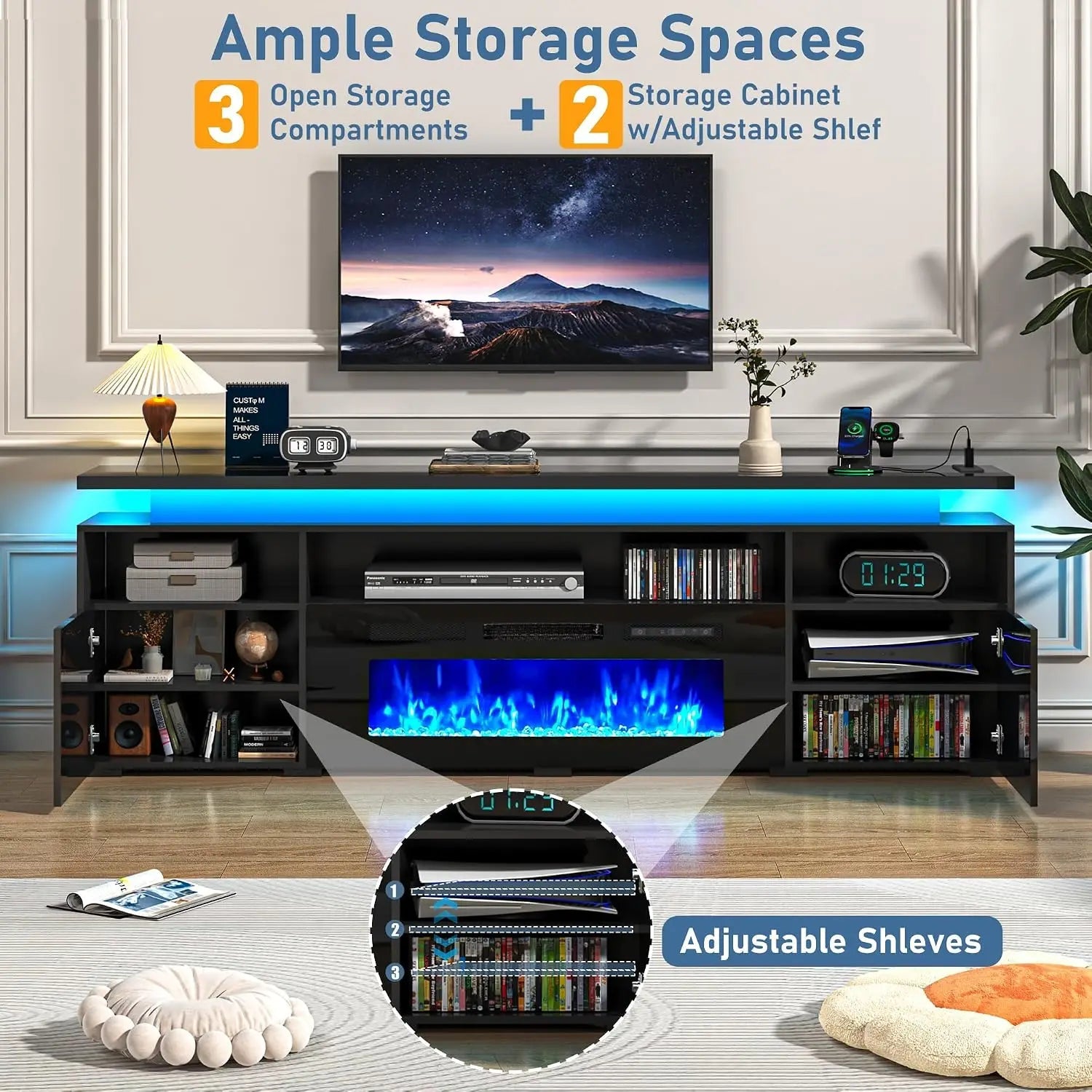 82.6" Fireplace TV Stand w/40 Electric Fireplace for 95in TV, High Gloss Entertainment Center, Media Console w/Charging Station Ds. Store