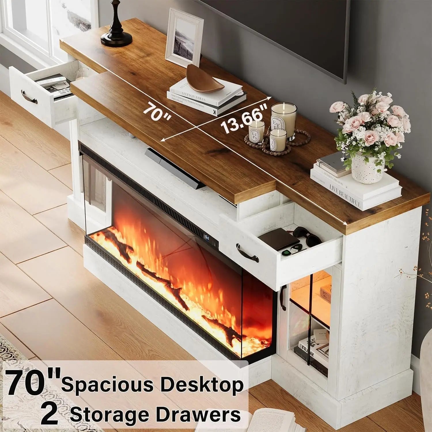 70" Fireplace TV Stand for 80" TV, Adjustable Shelves, Glass Fireplace, 2 Drawers, 12 LED Colors,, Customized Ds. Store