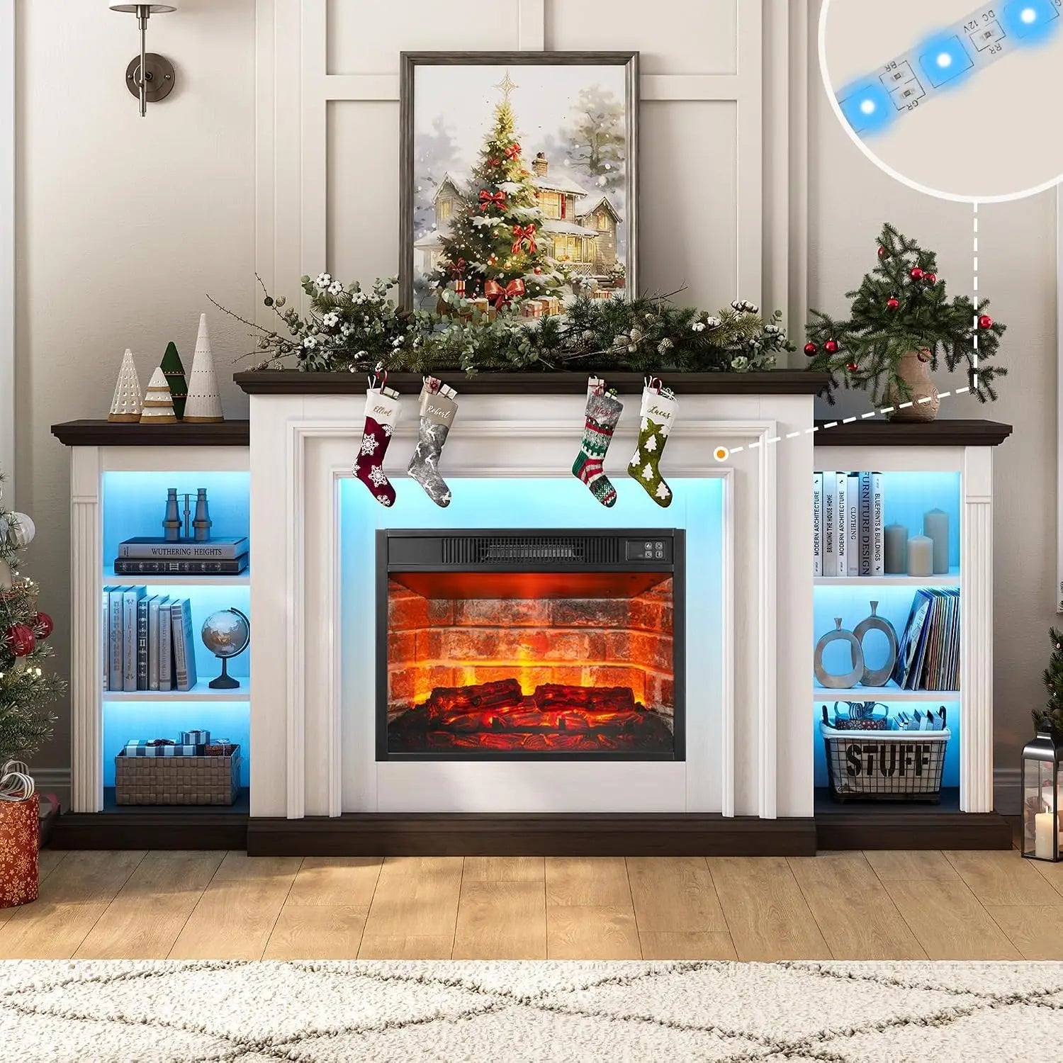 72" LED Lights Electric Fireplace with Mantel, Fireplace TV Stand for 80 Inch TV, Entertainment Center with Red, Customized Ds. Store
