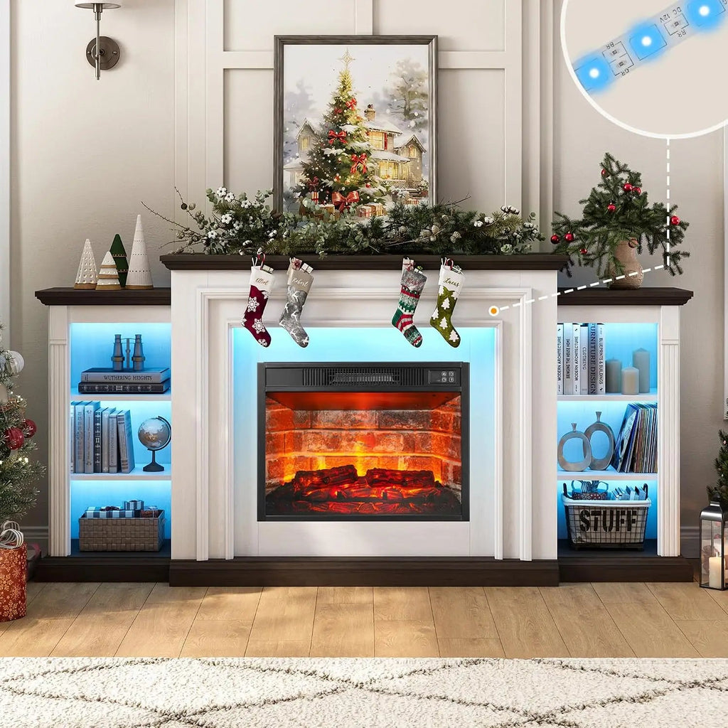 72" LED Lights Electric Fireplace with Mantel, Fireplace TV Stand for 80 Inch TV, Entertainment Center with Red, Customized Ds. Store