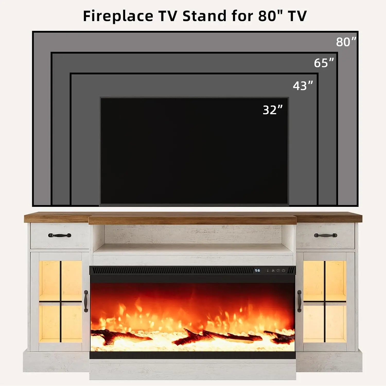 70" Fireplace TV Stand for 80" TV, Adjustable Shelves, Glass Fireplace, 2 Drawers, 12 LED Colors,, Customized Ds. Store