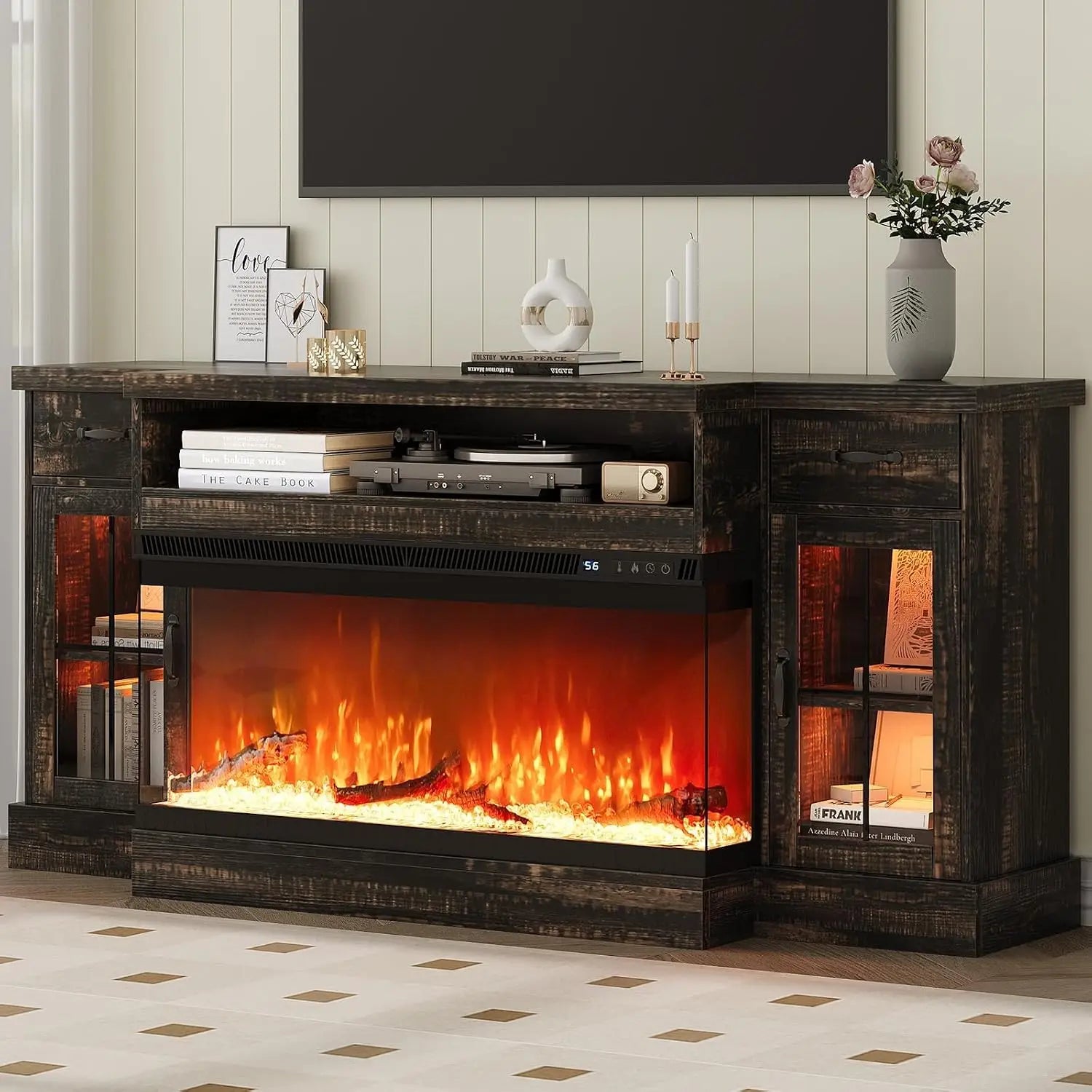 70" Fireplace TV Stand for 80" TV, Adjustable Shelves, Glass Fireplace, 2 Drawers, 12 LED Colors,, Customized Ds. Store