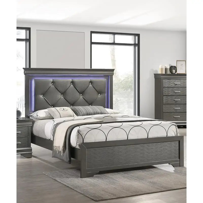 Dark Gray Faux Leather Tufted Headboard 1pc Queen Bed with LED Lighting Unique Texture Solid Wood Frame Ds. Store