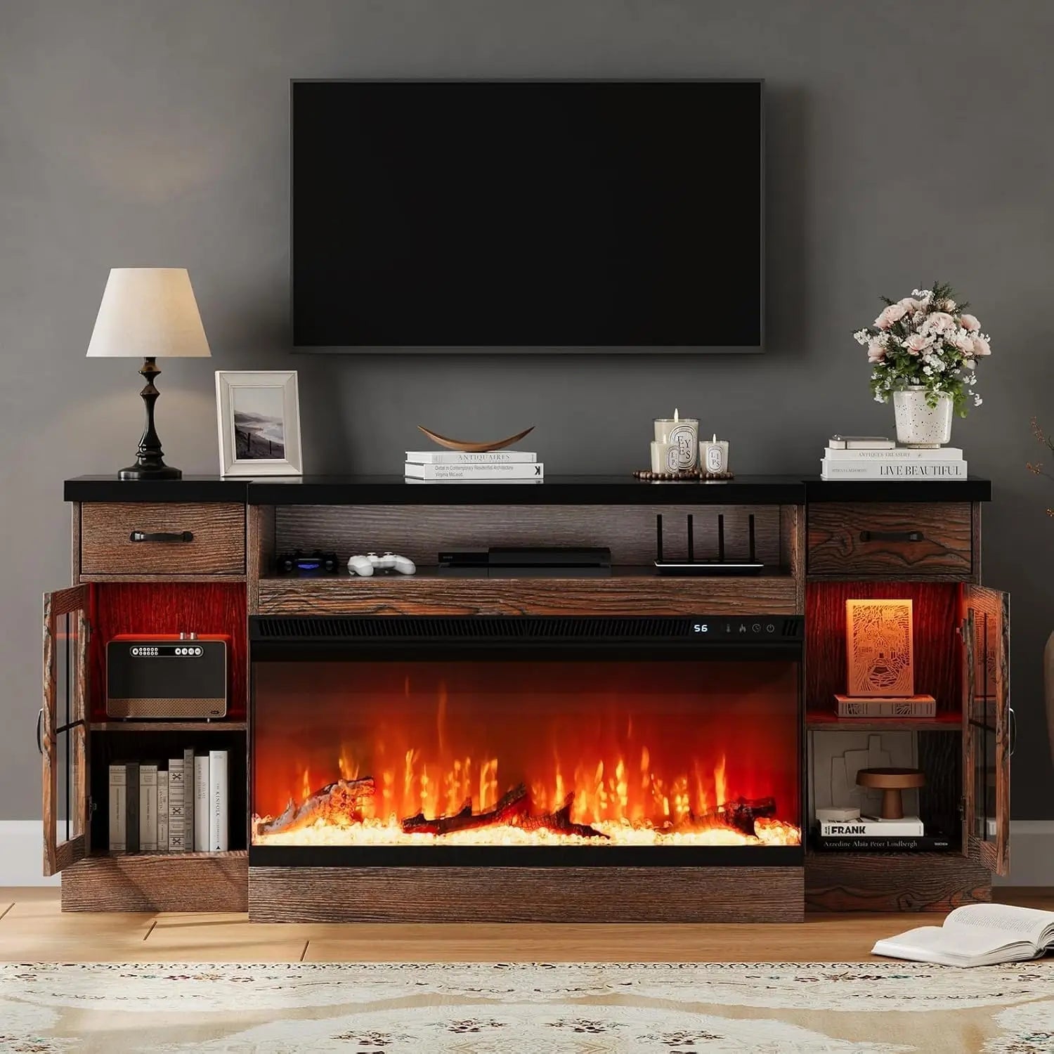 70" Fireplace TV Stand for 80" TV, Adjustable Shelves, Glass Fireplace, 2 Drawers, 12 LED Colors,, Customized Ds. Store