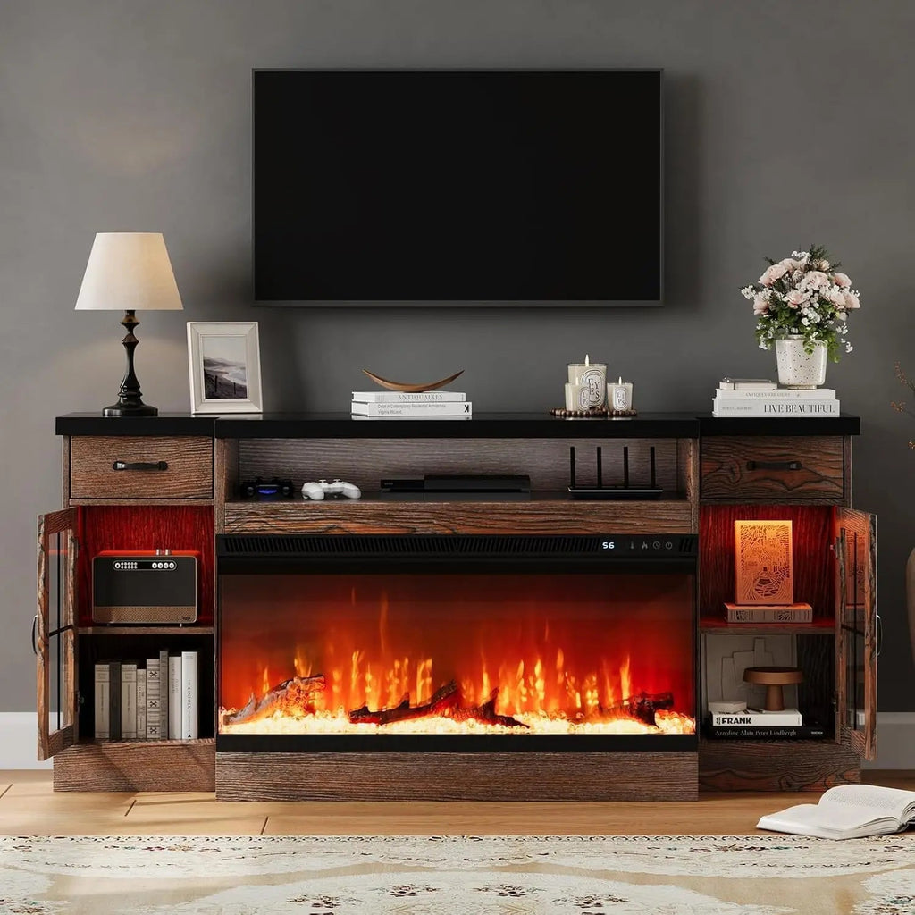 70" Fireplace TV Stand for 80" TV, Adjustable Shelves, Glass Fireplace, 2 Drawers, 12 LED Colors,, Customized Ds. Store