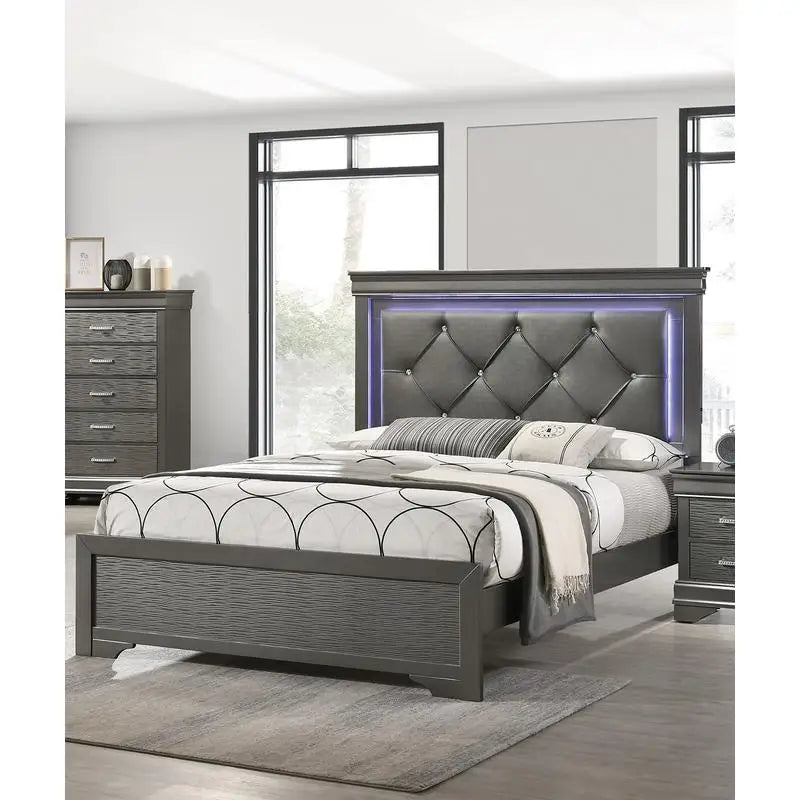 Dark Gray Faux Leather Tufted Headboard 1pc Queen Bed with LED Lighting Unique Texture Solid Wood Frame Ds. Store