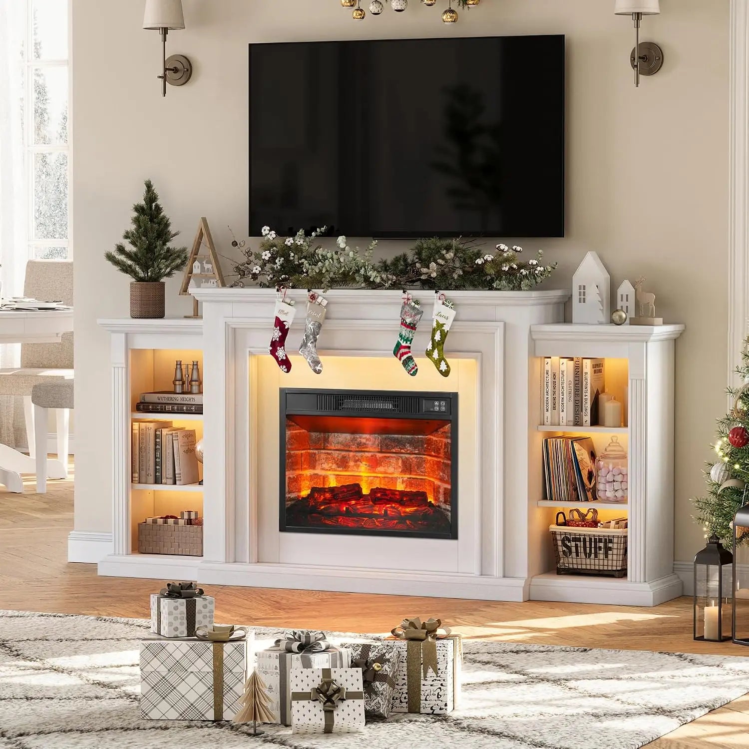 72" LED Lights Electric Fireplace with Mantel, Fireplace TV Stand for 80 Inch TV, Entertainment Center with Red, Customized Ds. Store