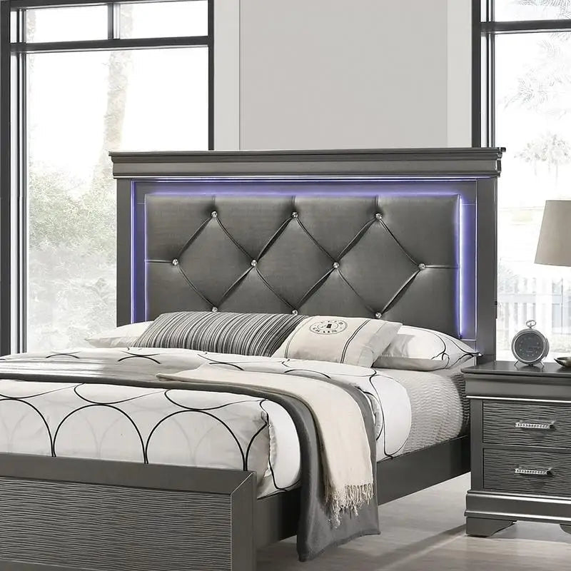 Dark Gray Faux Leather Tufted Headboard 1pc Queen Bed with LED Lighting Unique Texture Solid Wood Frame Ds. Store