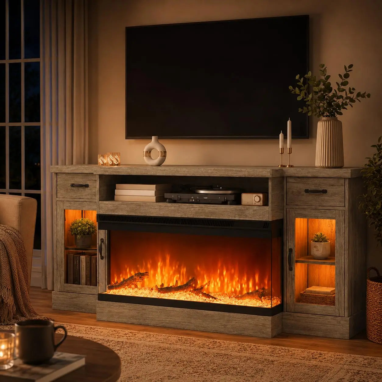 70" Fireplace TV Stand for 80" TV, Adjustable Shelves, Glass Fireplace, 2 Drawers, 12 LED Colors,, Customized Ds. Store