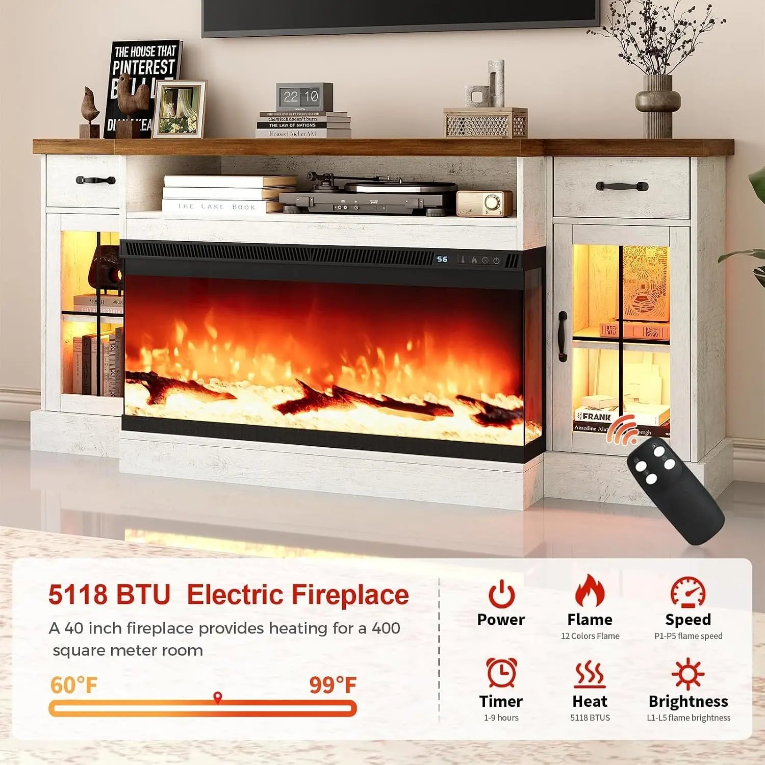 70" Fireplace TV Stand for 80" TV, Adjustable Shelves, Glass Fireplace, 2 Drawers, 12 LED Colors,, Customized Ds. Store