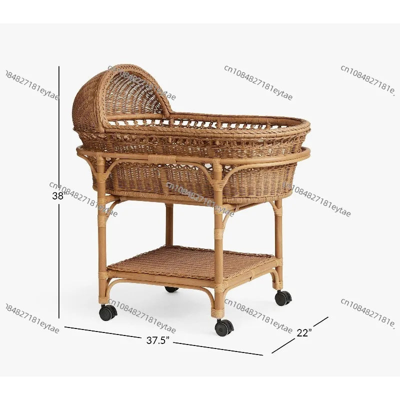 Premium Handmade Rattan Baby Cradle, Sustainable Wicker Cradle with Wheels & Shelves, Modern Baby Care Furniture Ds. Store