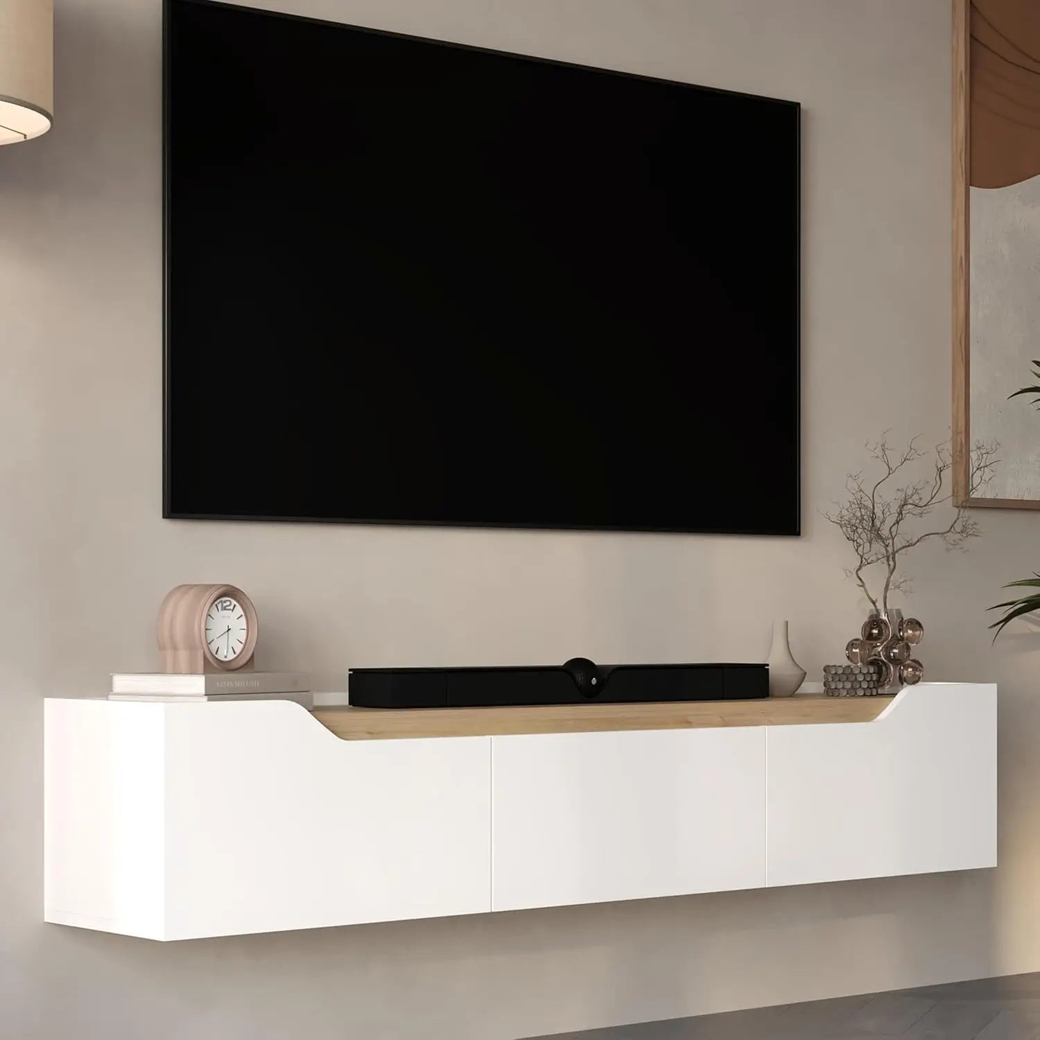 Modern Floating TV Stand 75 Inch Wall Mounted Entertainment Center Cable Management Living Room White Oak, Customized Ds. Store