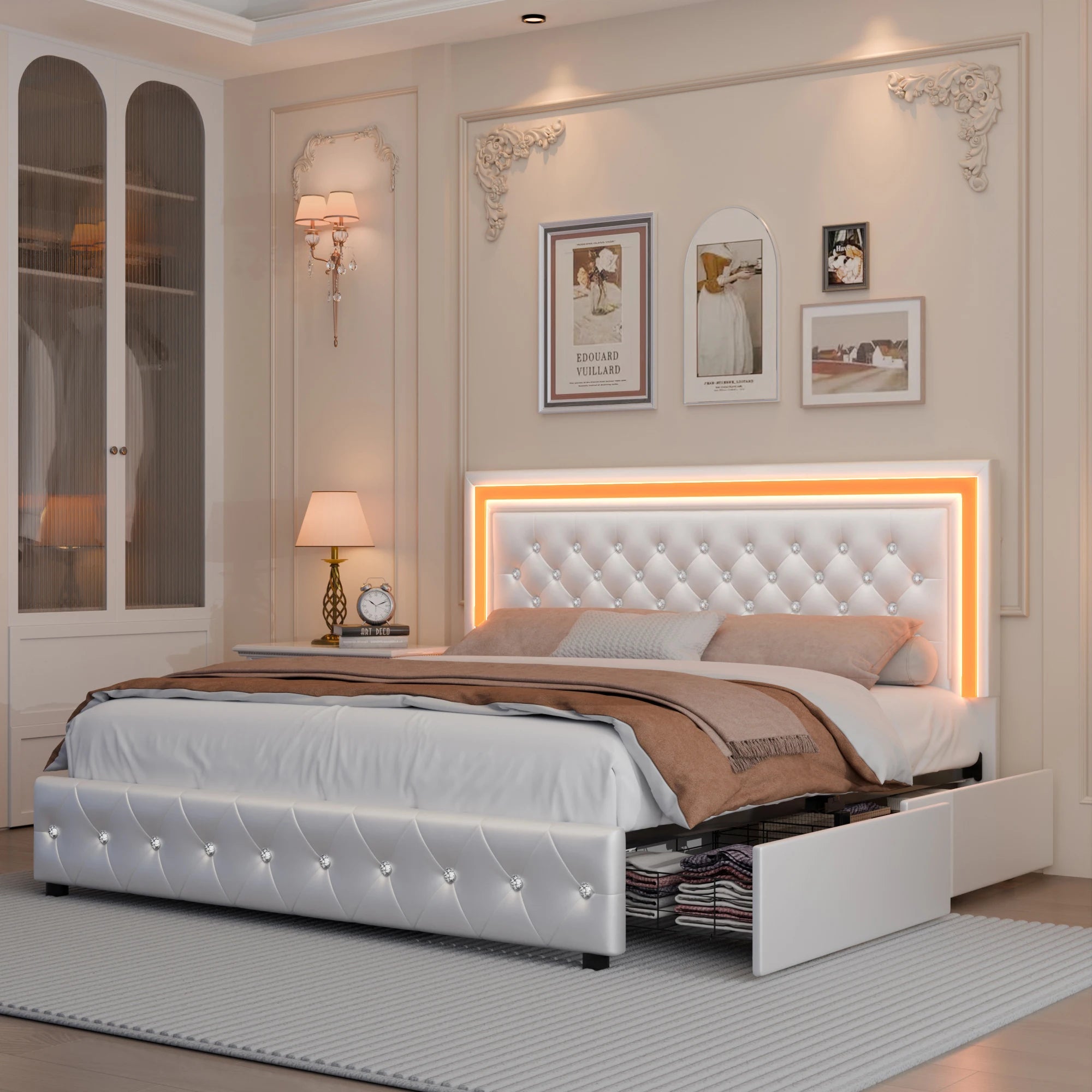 GEGOFORU Queen LED Platform Bed Frame with 4 Storage, PU Leather, No Box Spring, Easy Assembly, 900lbs Capacity Ds. Store