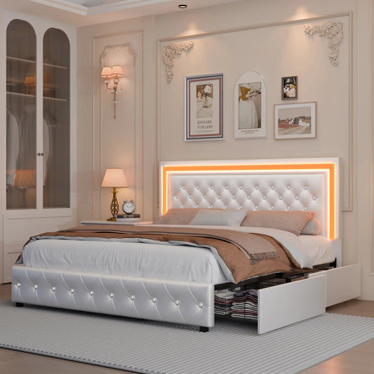 GEGOFORU Queen LED Platform Bed Frame with 4 Storage, PU Leather, No Box Spring, Easy Assembly, 900lbs Capacity Ds. Store