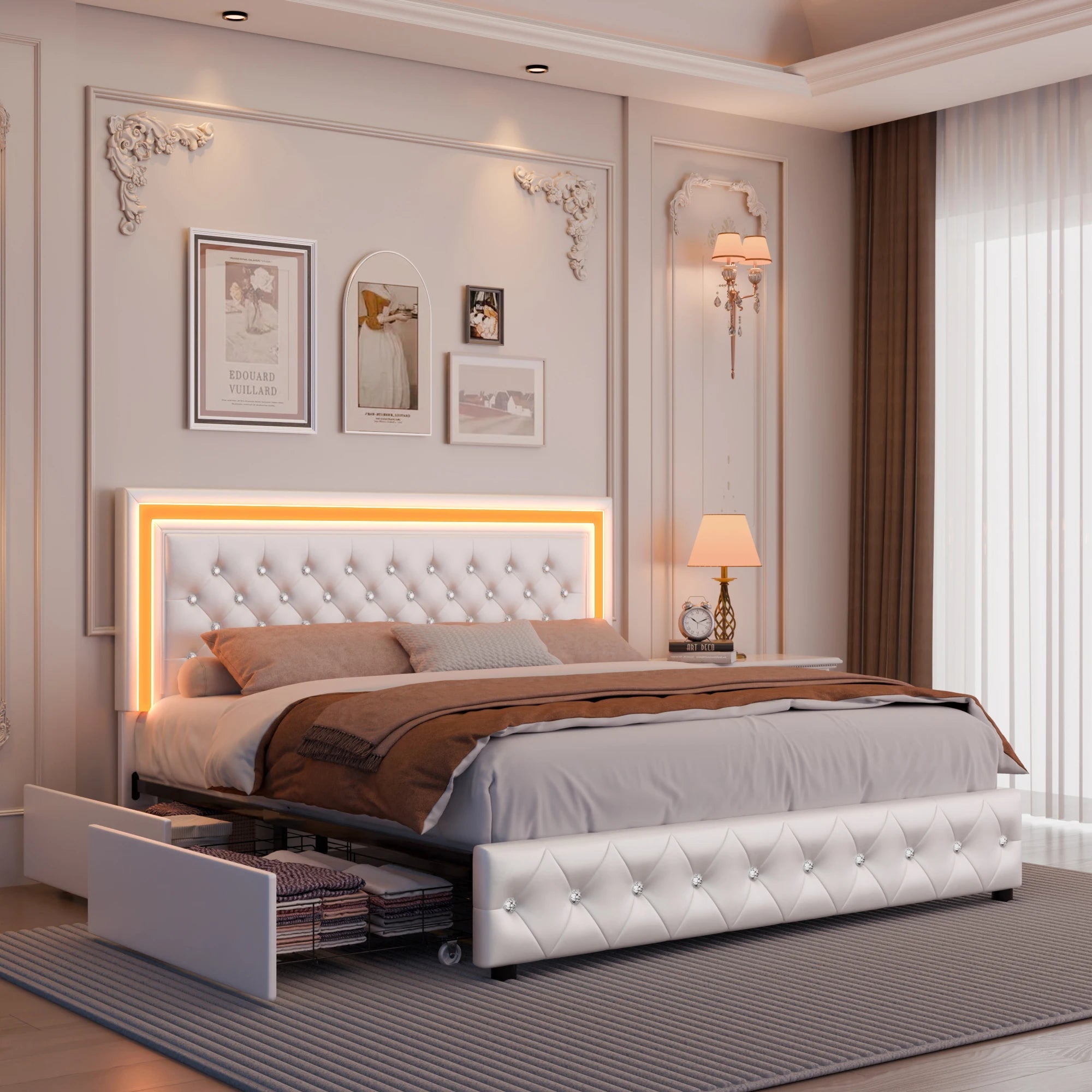 GEGOFORU Queen LED Platform Bed Frame with 4 Storage, PU Leather, No Box Spring, Easy Assembly, 900lbs Capacity Ds. Store