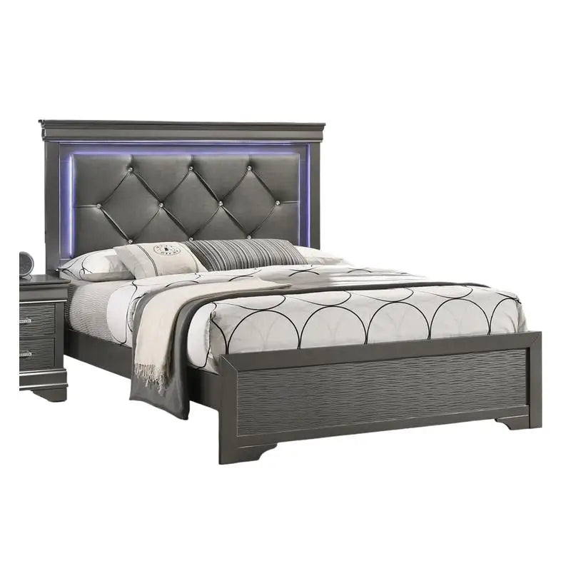 Dark Gray Faux Leather Tufted Headboard 1pc Queen Bed with LED Lighting Unique Texture Solid Wood Frame Ds. Store