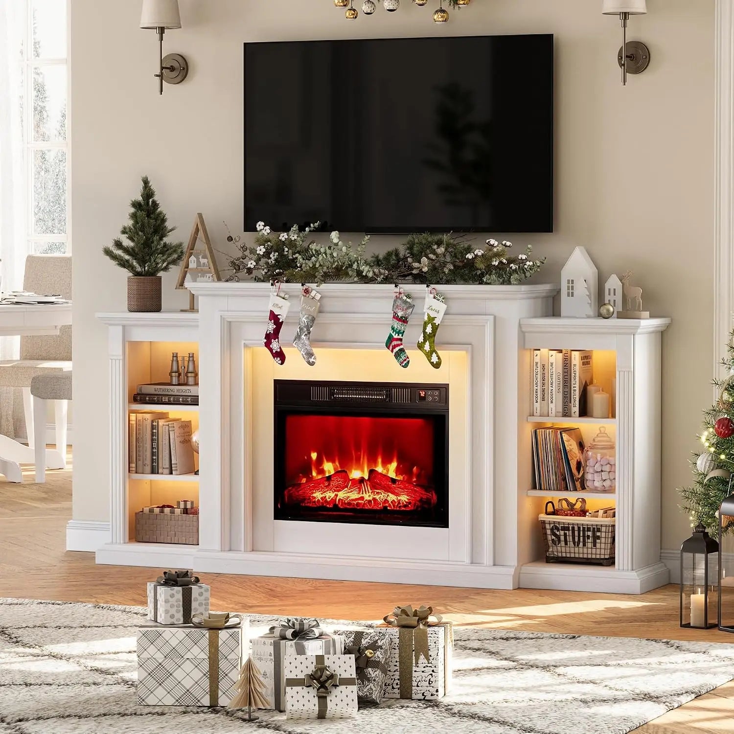 72" LED Lights Electric Fireplace with Mantel, Fireplace TV Stand for 80 Inch TV, Entertainment Center with Red, Customized Ds. Store