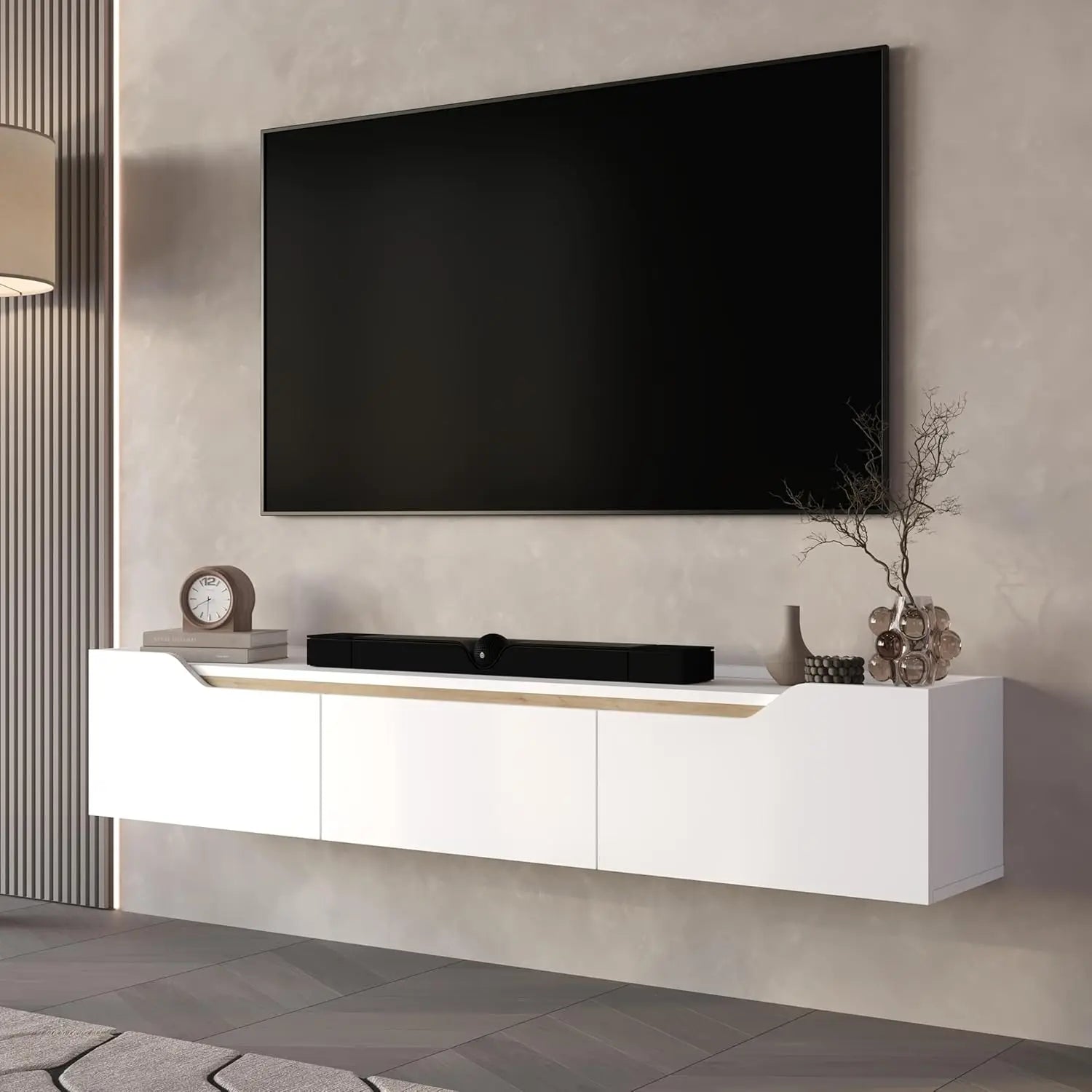 Modern Floating TV Stand 75 Inch Wall Mounted Entertainment Center Cable Management Living Room White Oak, Customized Ds. Store