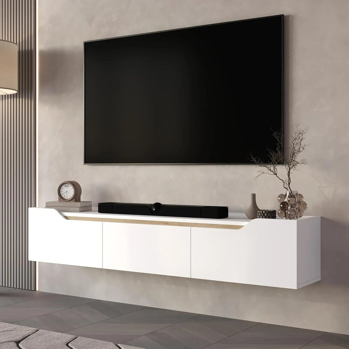 Modern Floating TV Stand 75 Inch Wall Mounted Entertainment Center Cable Management Living Room White Oak, Customized Ds. Store