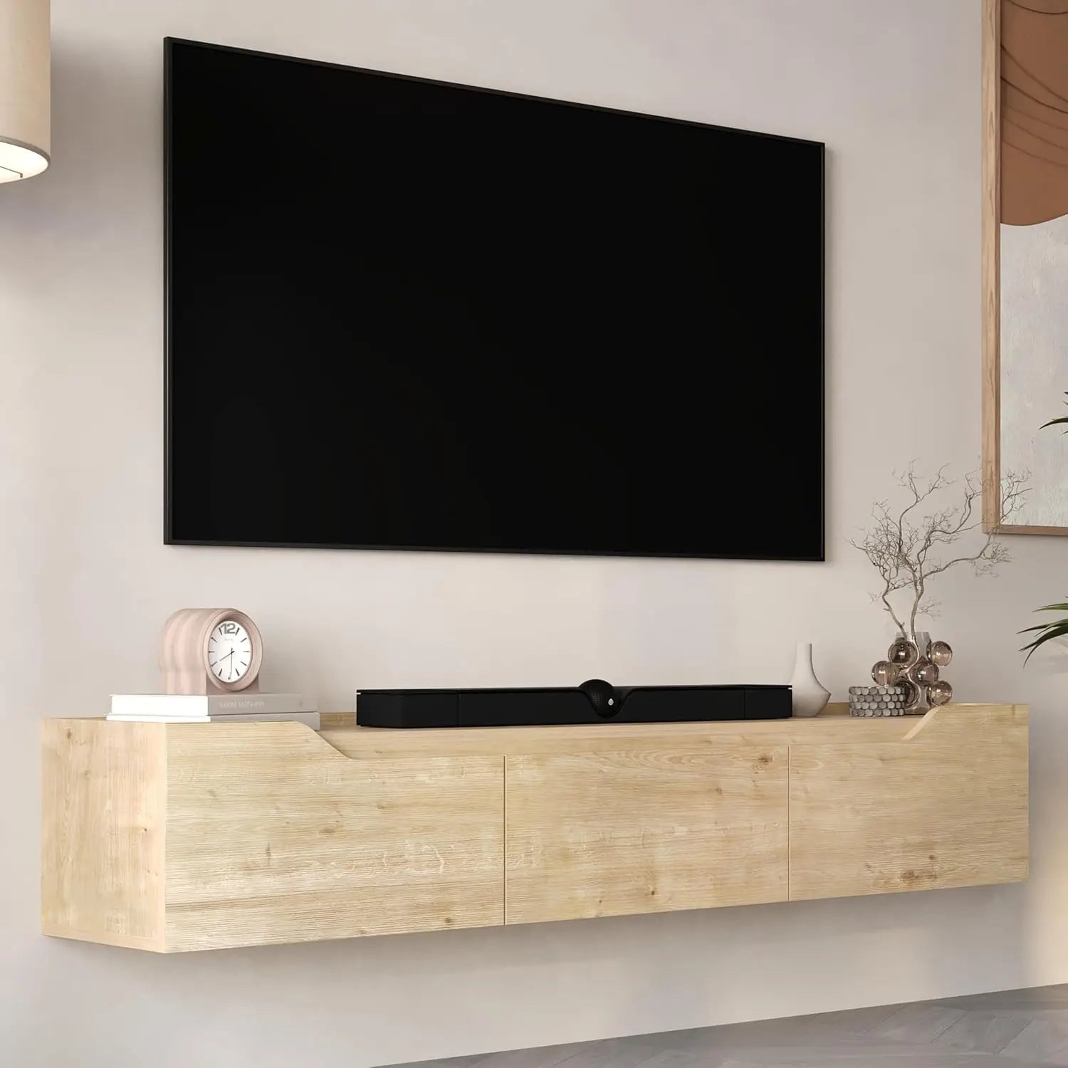 Modern Floating TV Stand 75 Inch Wall Mounted Entertainment Center Cable Management Living Room White Oak, Customized Ds. Store