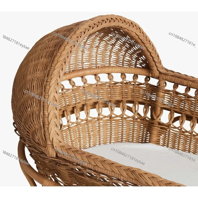 Premium Handmade Rattan Baby Cradle, Sustainable Wicker Cradle with Wheels & Shelves, Modern Baby Care Furniture Ds. Store