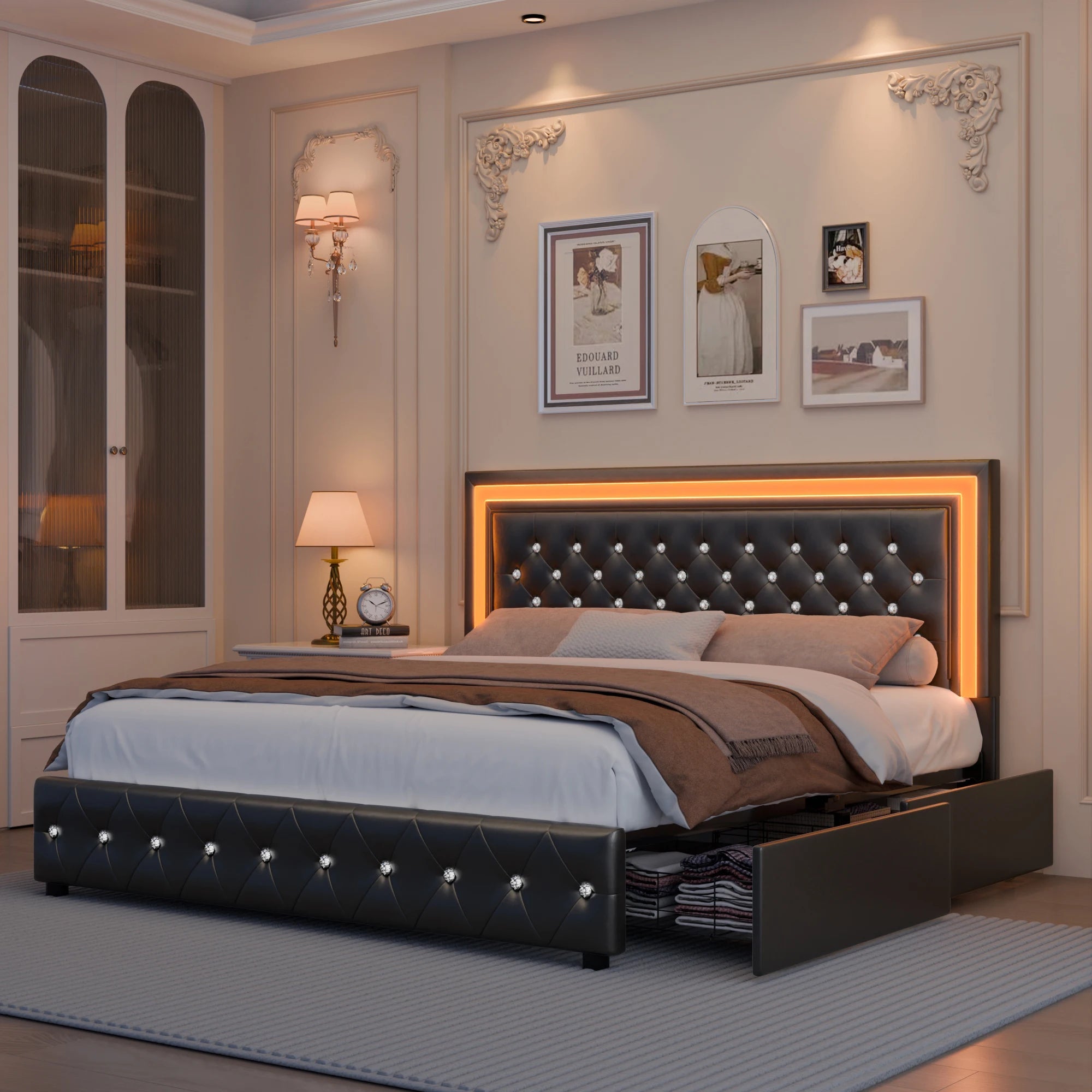 GEGOFORU Queen LED Platform Bed Frame with 4 Storage, PU Leather, No Box Spring, Easy Assembly, 900lbs Capacity Ds. Store