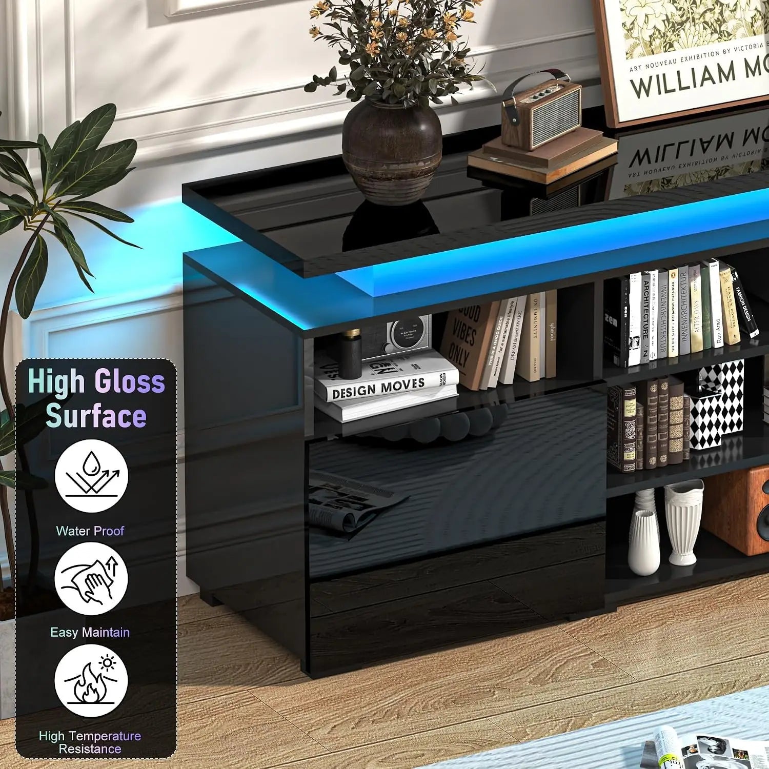 82.6" Fireplace TV Stand w/40 Electric Fireplace for 95in TV, High Gloss Entertainment Center, Media Console w/Charging Station Ds. Store