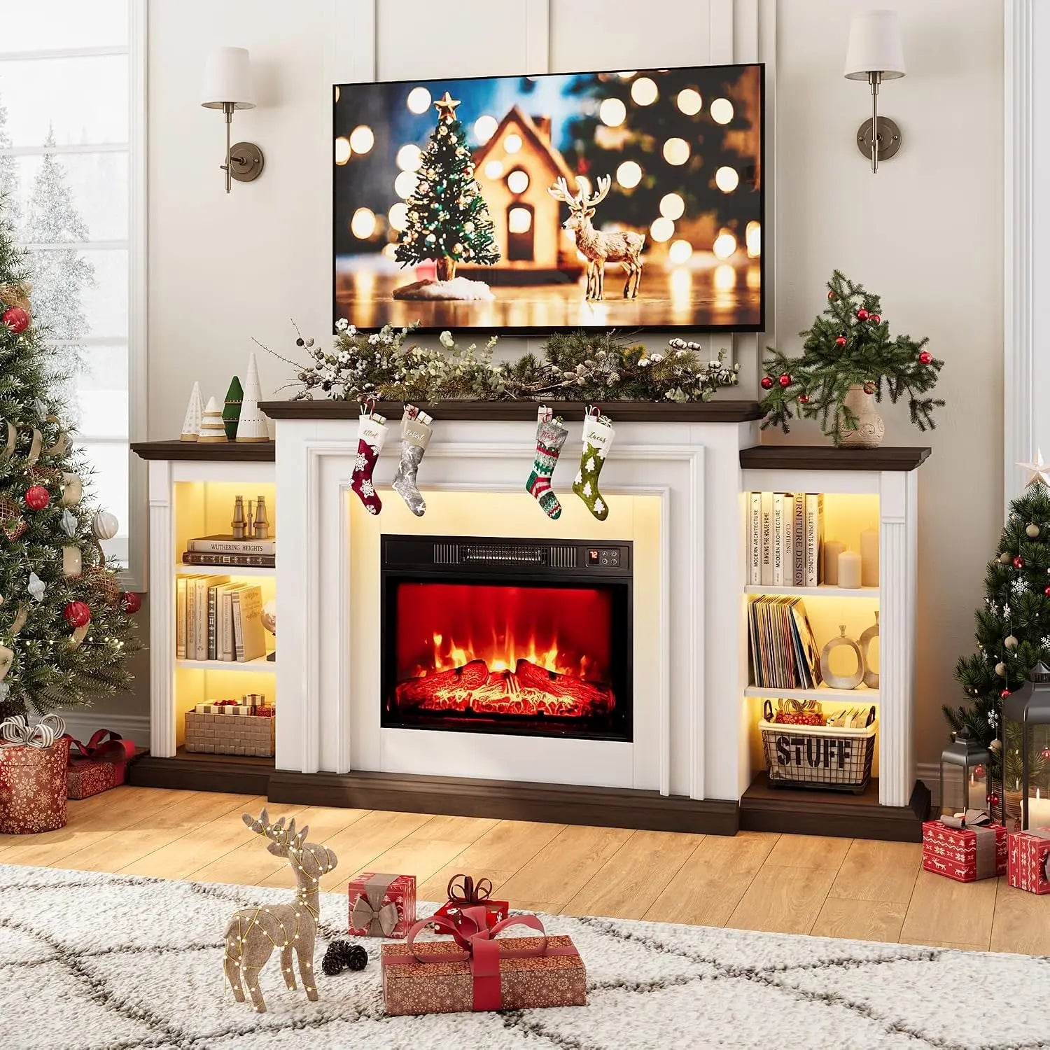 72" LED Lights Electric Fireplace with Mantel, Fireplace TV Stand for 80 Inch TV, Entertainment Center with Red, Customized Ds. Store