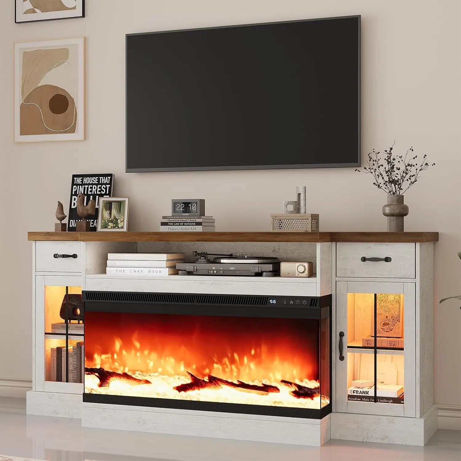 70" Fireplace TV Stand for 80" TV, Adjustable Shelves, Glass Fireplace, 2 Drawers, 12 LED Colors,, Customized Ds. Store
