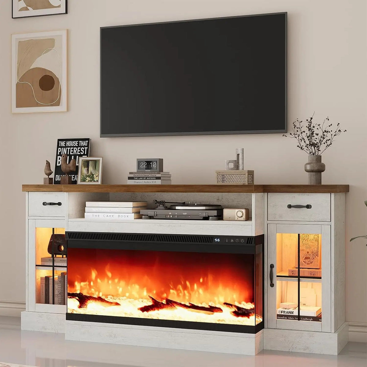 70" Fireplace TV Stand for 80" TV, Adjustable Shelves, Glass Fireplace, 2 Drawers, 12 LED Colors,, Customized Ds. Store