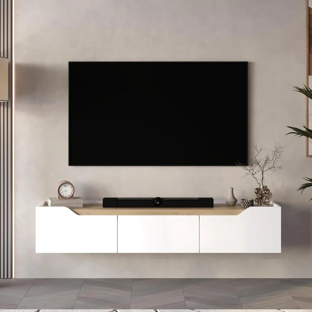 Modern Floating TV Stand 75 Inch Wall Mounted Entertainment Center Cable Management Living Room White Oak, Customized Ds. Store