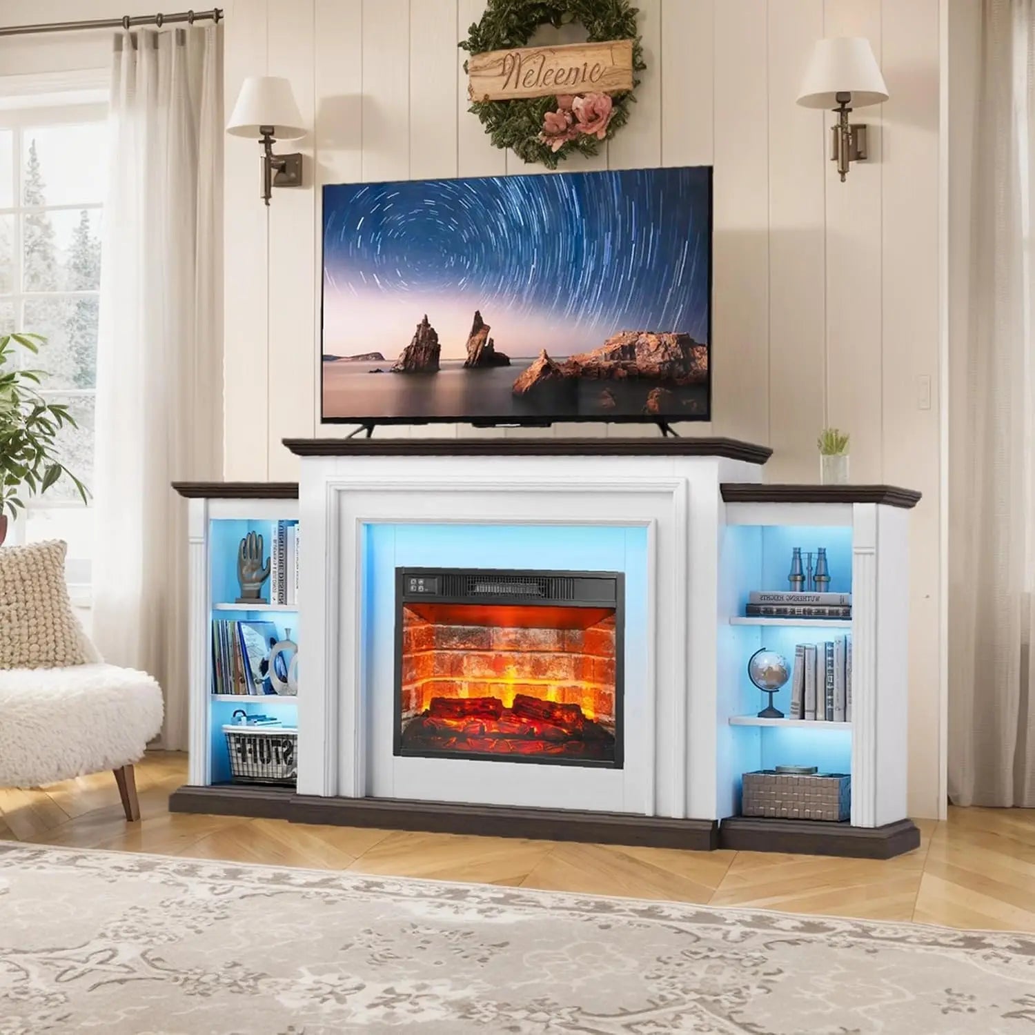 72" LED Lights Electric Fireplace with Mantel, Fireplace TV Stand for 80 Inch TV, Entertainment Center with Red, Customized Ds. Store