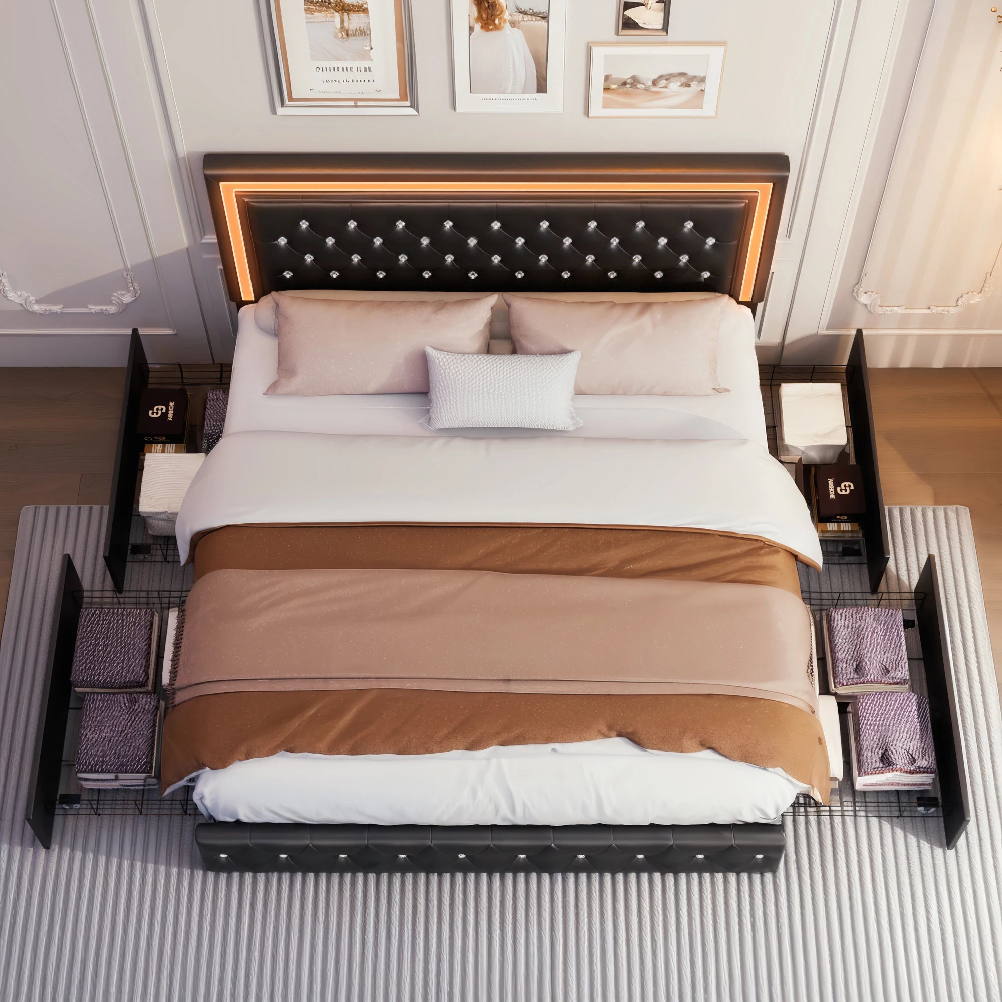 GEGOFORU Queen LED Platform Bed Frame with 4 Storage, PU Leather, No Box Spring, Easy Assembly, 900lbs Capacity Ds. Store